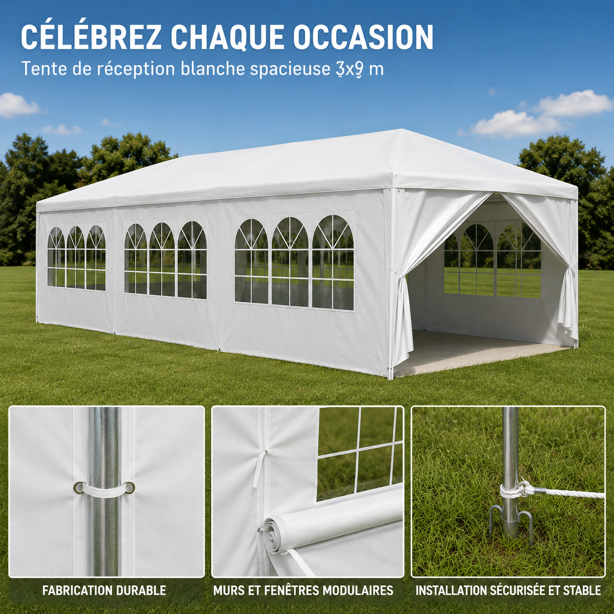 Tente de Réception 3x9m - Blanc - 27m²