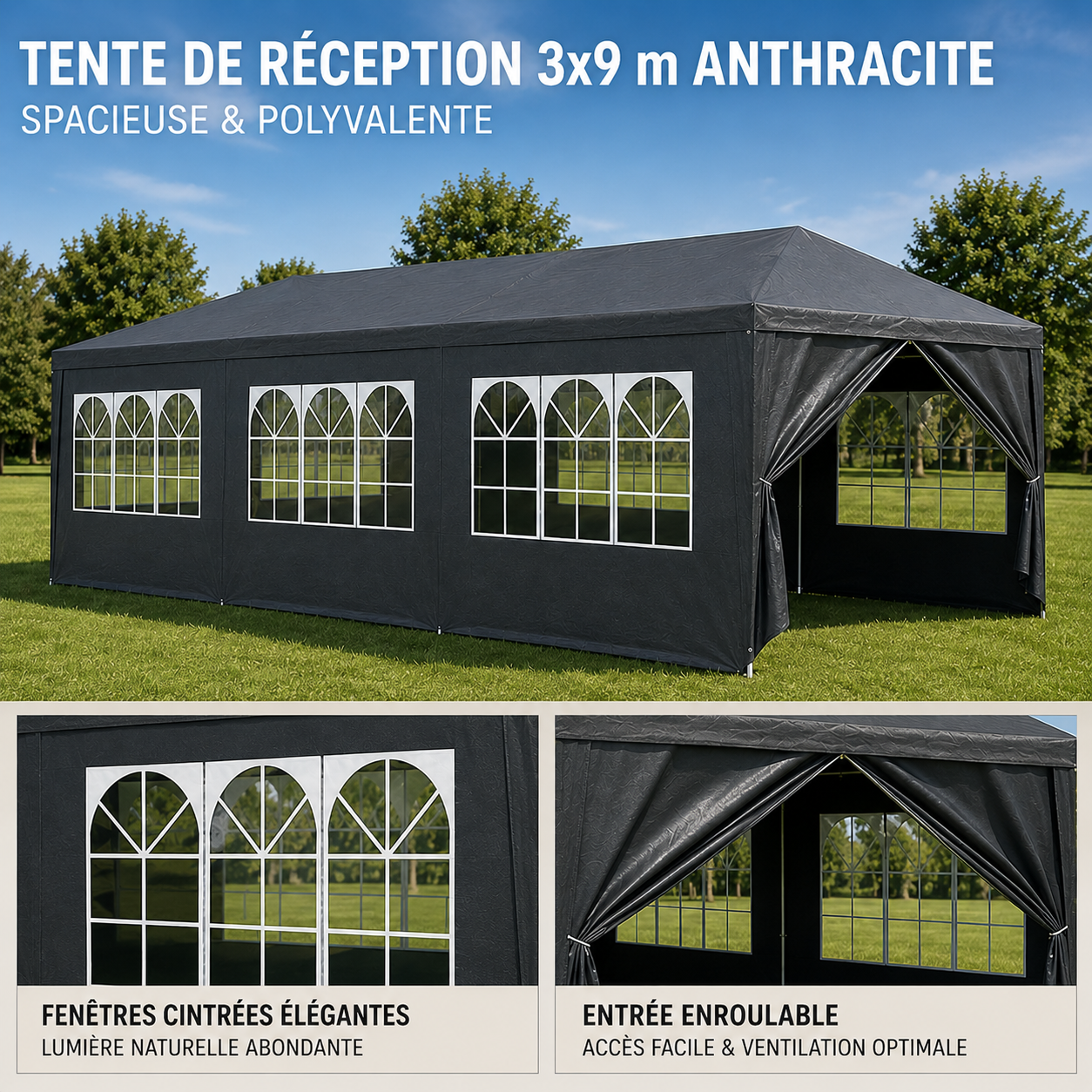 Tente de Réception 3x9m - Anthracite - 27m²